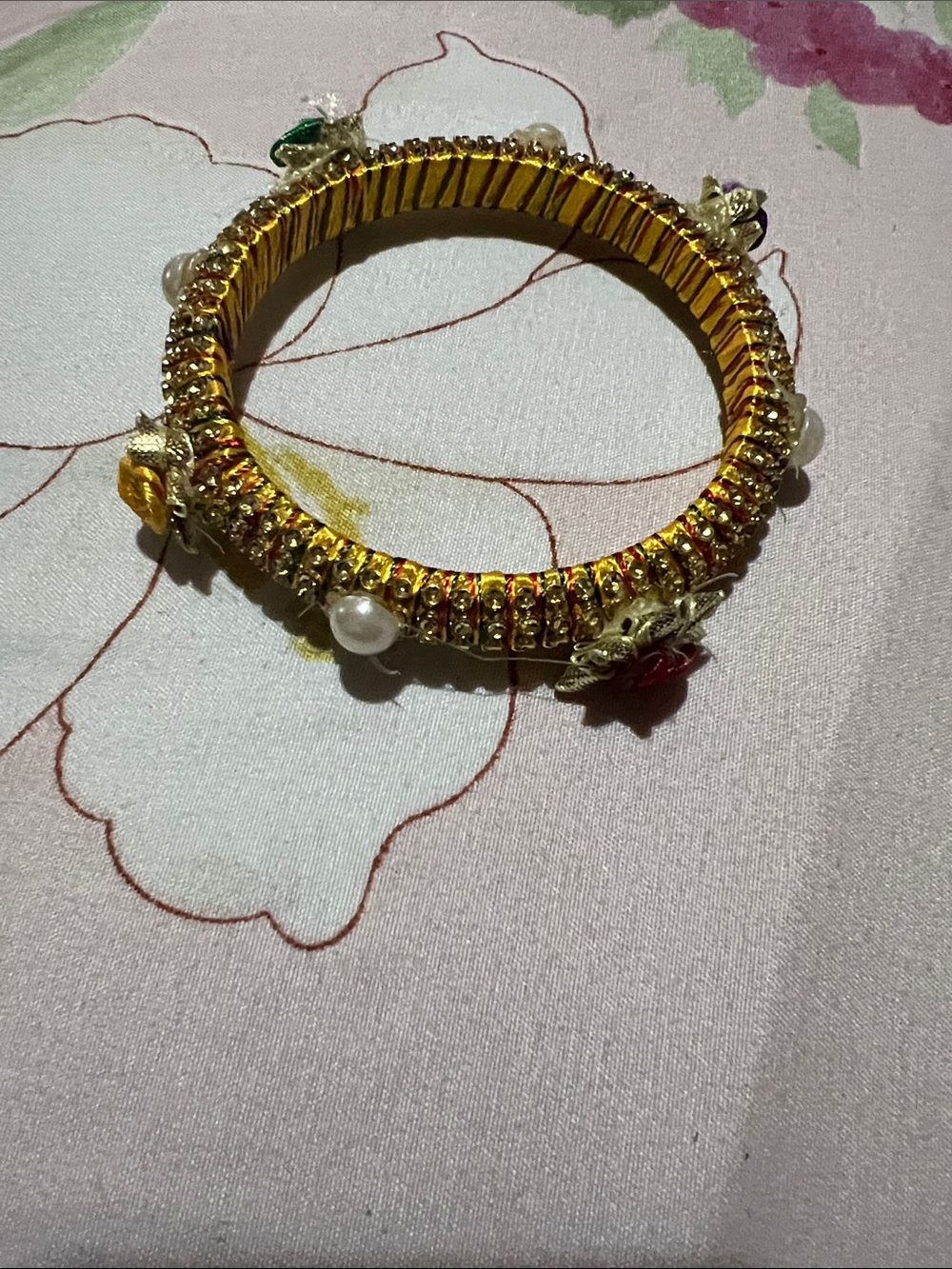 Gold Floral Pearl Accent Stretch Bangle Bracelet